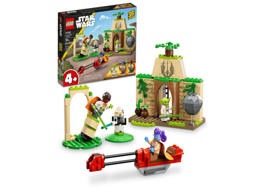 LEGO Star Wars Tenoo Jedi Temple building set with tan stone temple structure, green foliage, minifigures including Yoda and Kai Brightstar, red seesaw toy, and