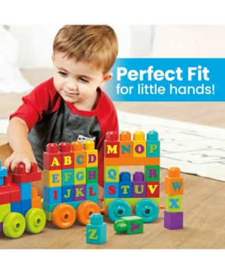 Mega Bloks First Builders 60-Piece ABC Learning Train Set with colorful letter blocks and rolling wheelbases, shown w...