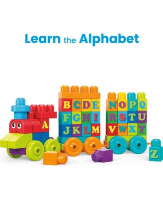 Mega Bloks First Builders 60-Piece ABC Learning Train Set with colorful letter blocks, rolling wheelbases, and a red ...