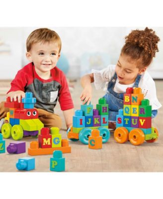 Mega Bloks First Builders 60-Piece ABC Learning Train Set with colorful letter blocks and rolling train cars in red, ...
