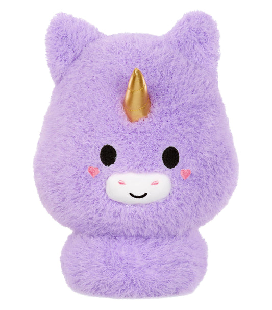 Purple fluffy plush unicorn with pointed gold horn, black eyes, pink heart cheeks, and sweet smile on white muzzle