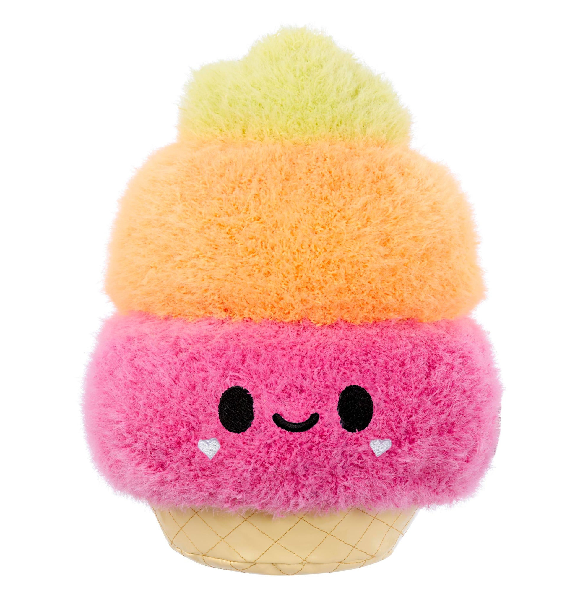Colorful plush ice cream toy with yellow pom-pom top, peach middle layer, pink base with smiling face and heart details, tan cone bottom