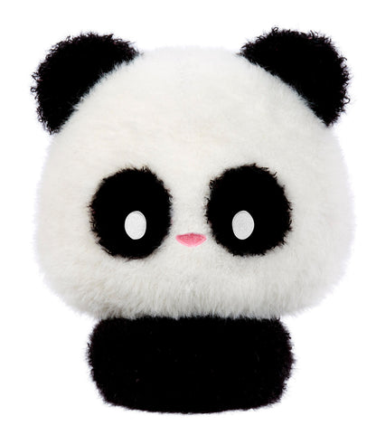 Fluffy white and black plush panda with large black eyes with white pupils, pink nose, black ears and chin