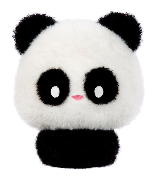 Fluffy white and black plush panda with large black eyes with white pupils, pink nose, black ears and chin