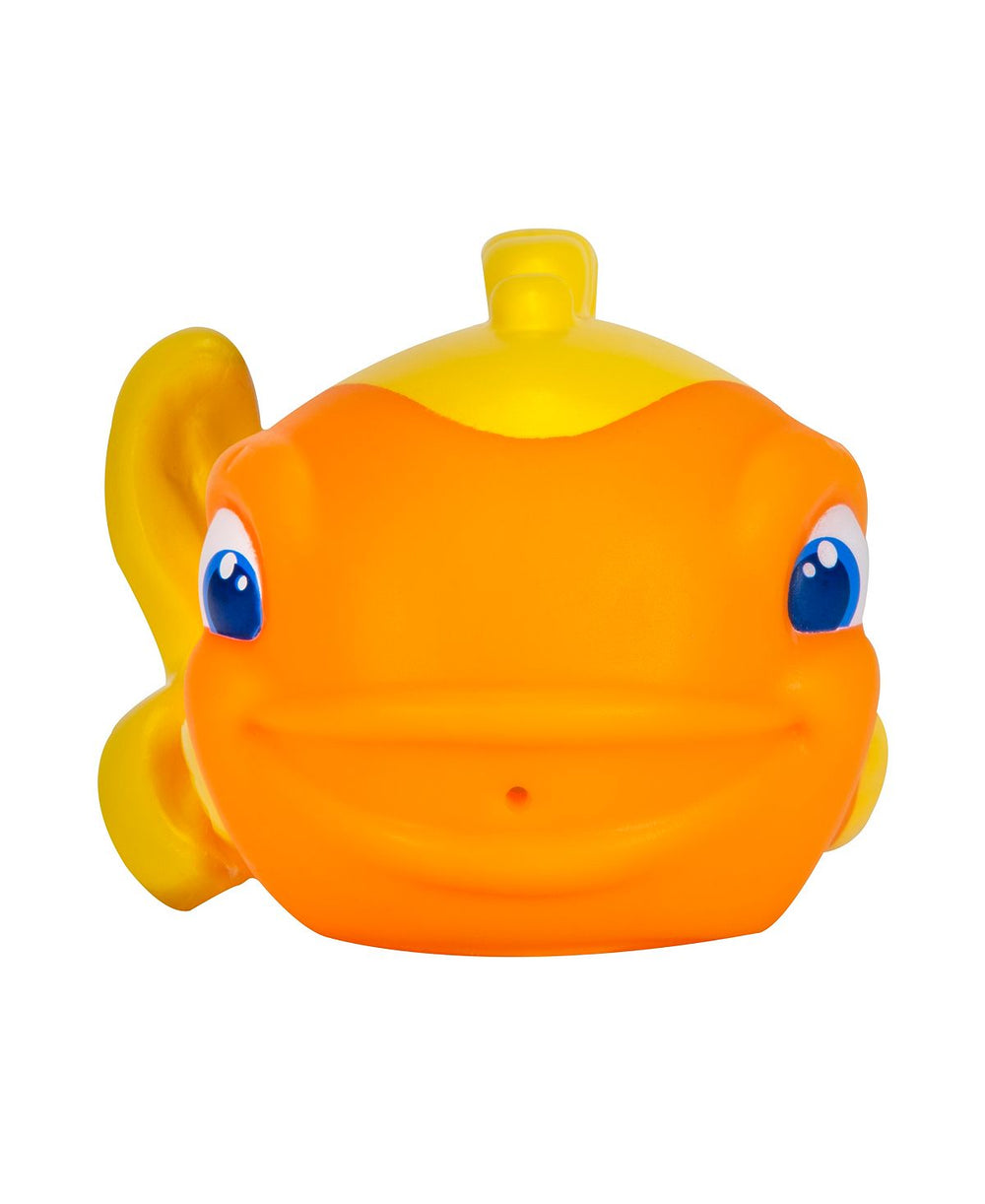 Orange fish-shaped bath squirter toy with yellow fins and blue eyes on plain white background