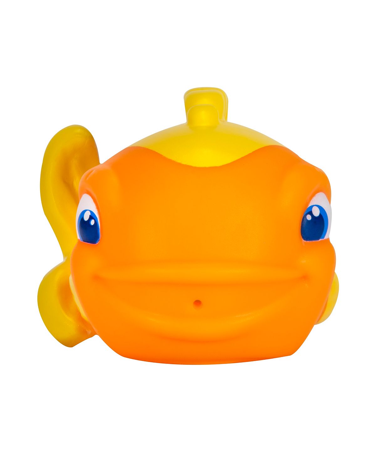 Orange fish-shaped bath squirter toy with yellow fins and blue eyes on plain white background