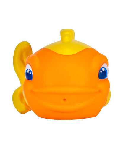 Orange fish-shaped bath squirter toy with yellow fins and blue eyes on plain white background