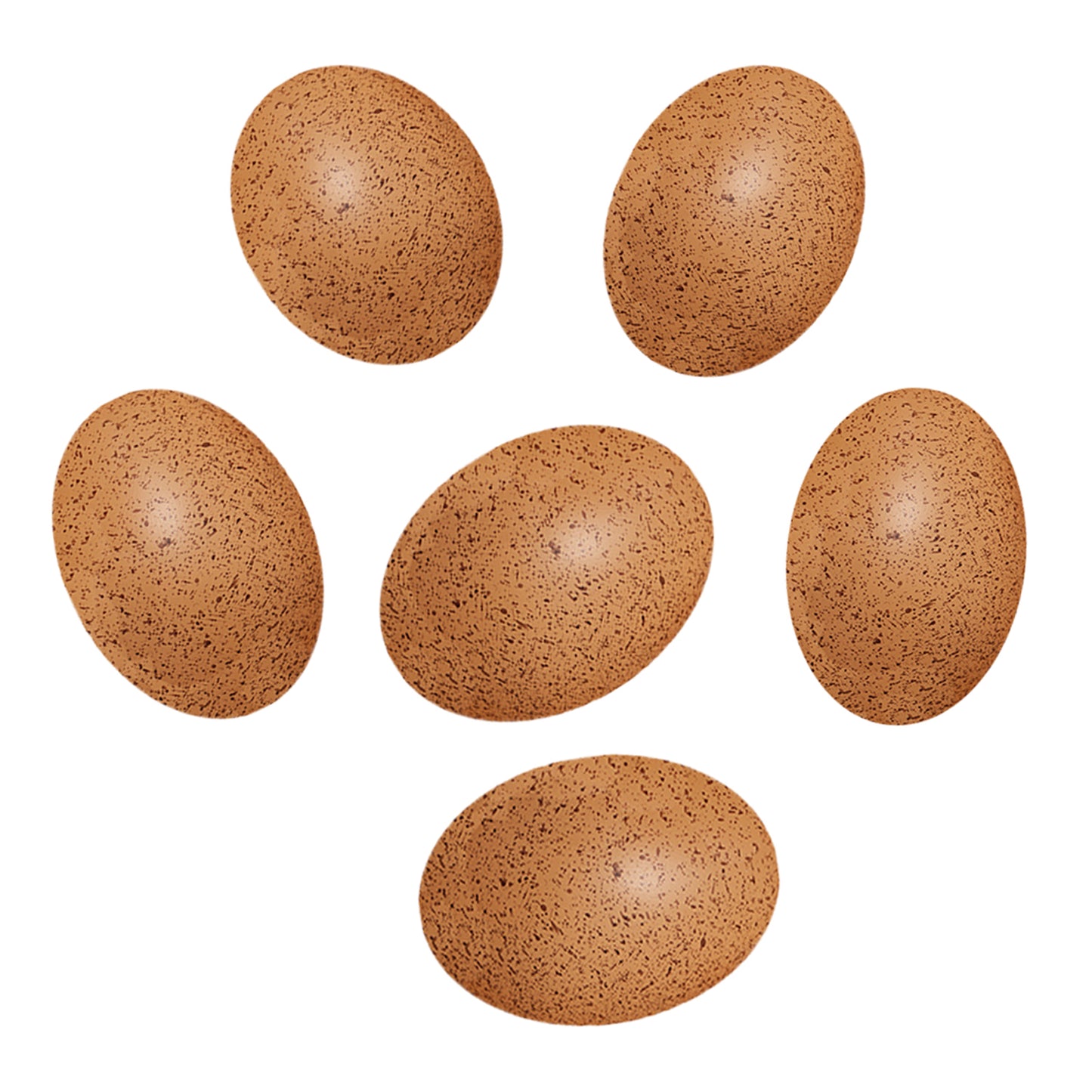 Six brown textured eggs arranged on white background, sensory sound learning toys