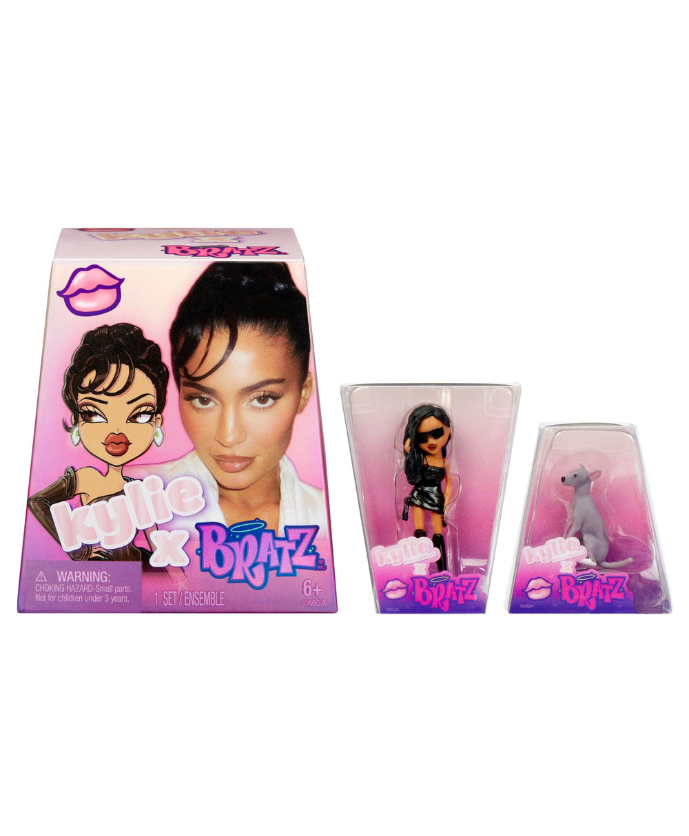 Bratz x Kylie Jenner Mini Collectible Figures set with three dolls in clear packaging on pink gradient background