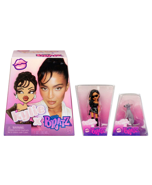 Bratz x Kylie Jenner Mini Collectible Figures set with three dolls in clear packaging on pink gradient background