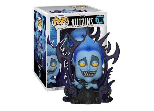 Funko POP! Deluxe Disney Villains Hades on Throne 6-inch vinyl figure with blue skin, yellow eyes, black horned headdress, and dark throne base, shown with pack