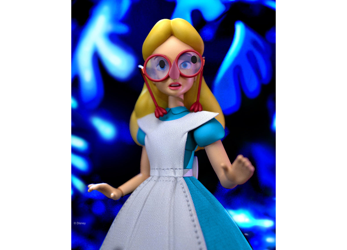 Super 7 Disney Alice in Wonderland 7" Ultimates action figure wearing blue dress with white apron and pink glasses