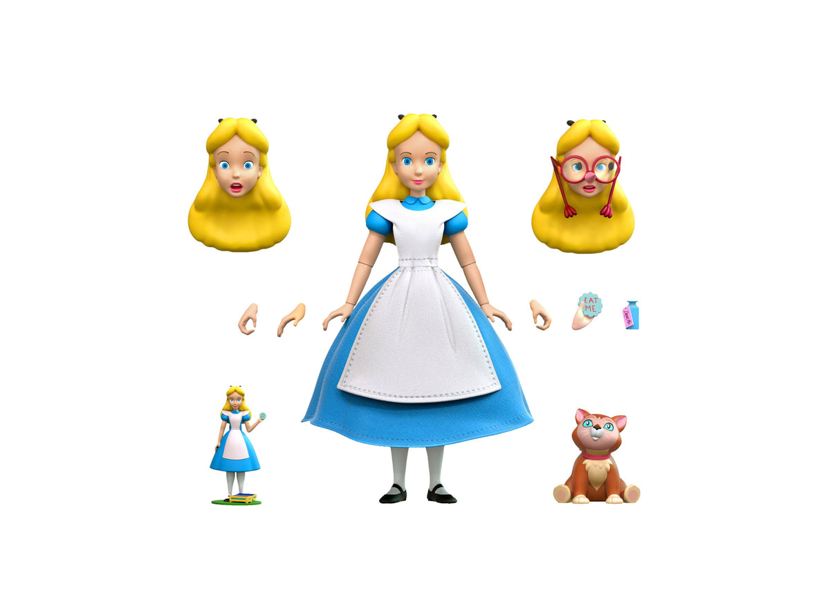 Super 7 Disney Alice in Wonderland 7" Ultimates action figure with alternate heads, hands, accessories, and Dinah kitten
