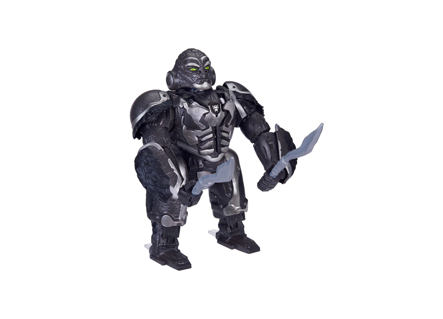 Black and gray gorilla action figure with yellow eyes and articulated joints, holding a silver blade weapon, posed on plain background