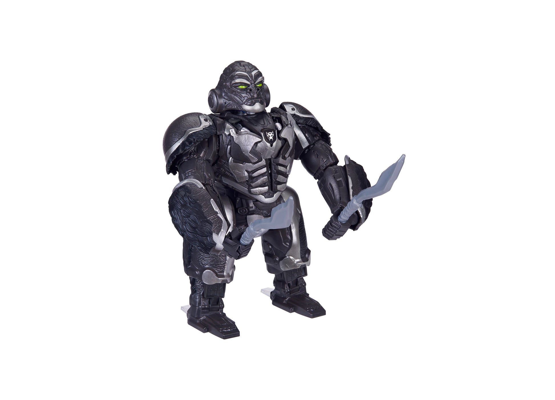 Black and gray gorilla action figure with yellow eyes and articulated joints, holding a silver blade weapon, posed on plain background