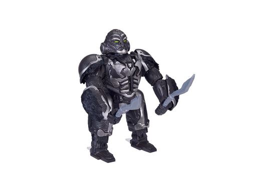 Black and gray gorilla action figure with yellow eyes and articulated joints, holding a silver blade weapon, posed on plain background