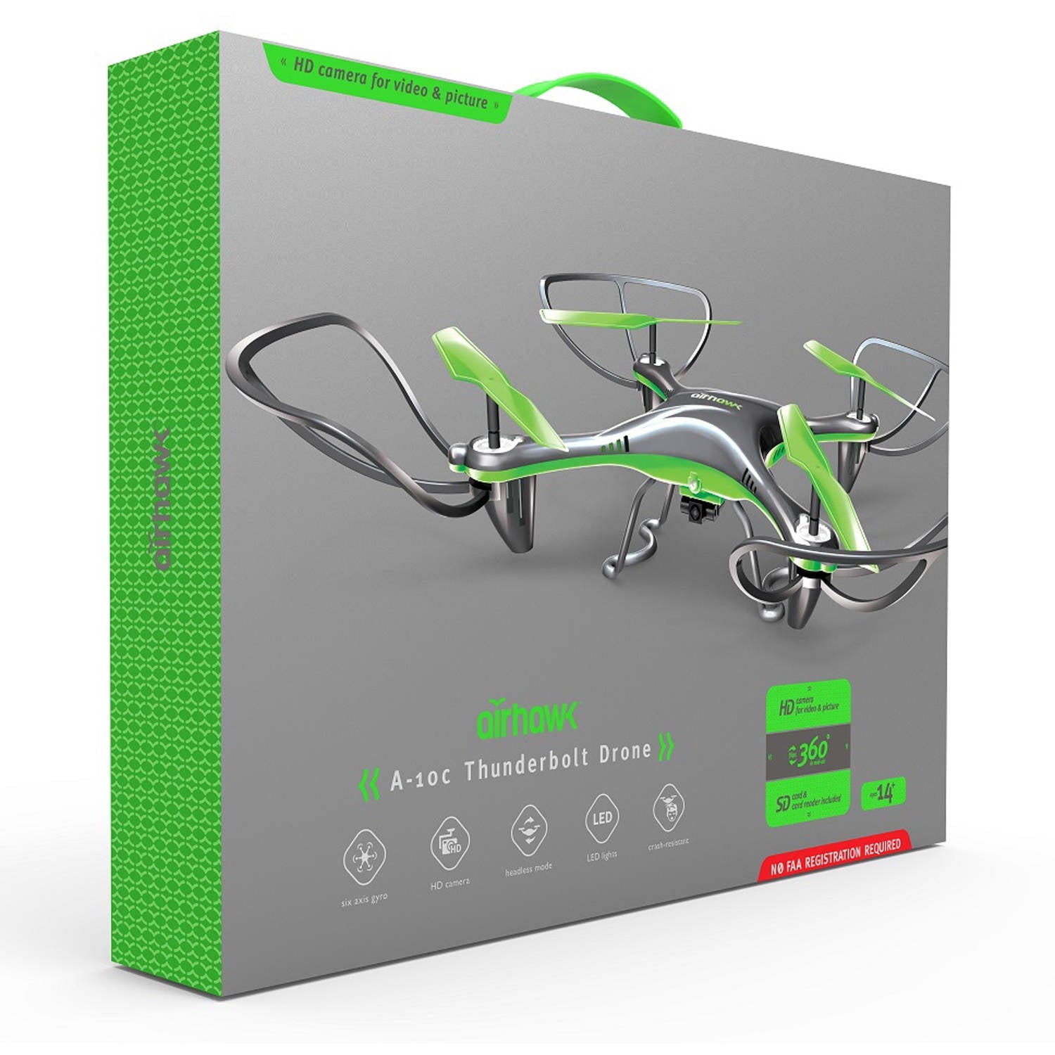 Airhawk A-10C Thunderbolt drone with green and black body, propellers, and remote control transmitters shown on packaging box