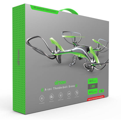 Airhawk A-10C Thunderbolt drone with green and black body, propellers, and remote control transmitters shown on packaging box