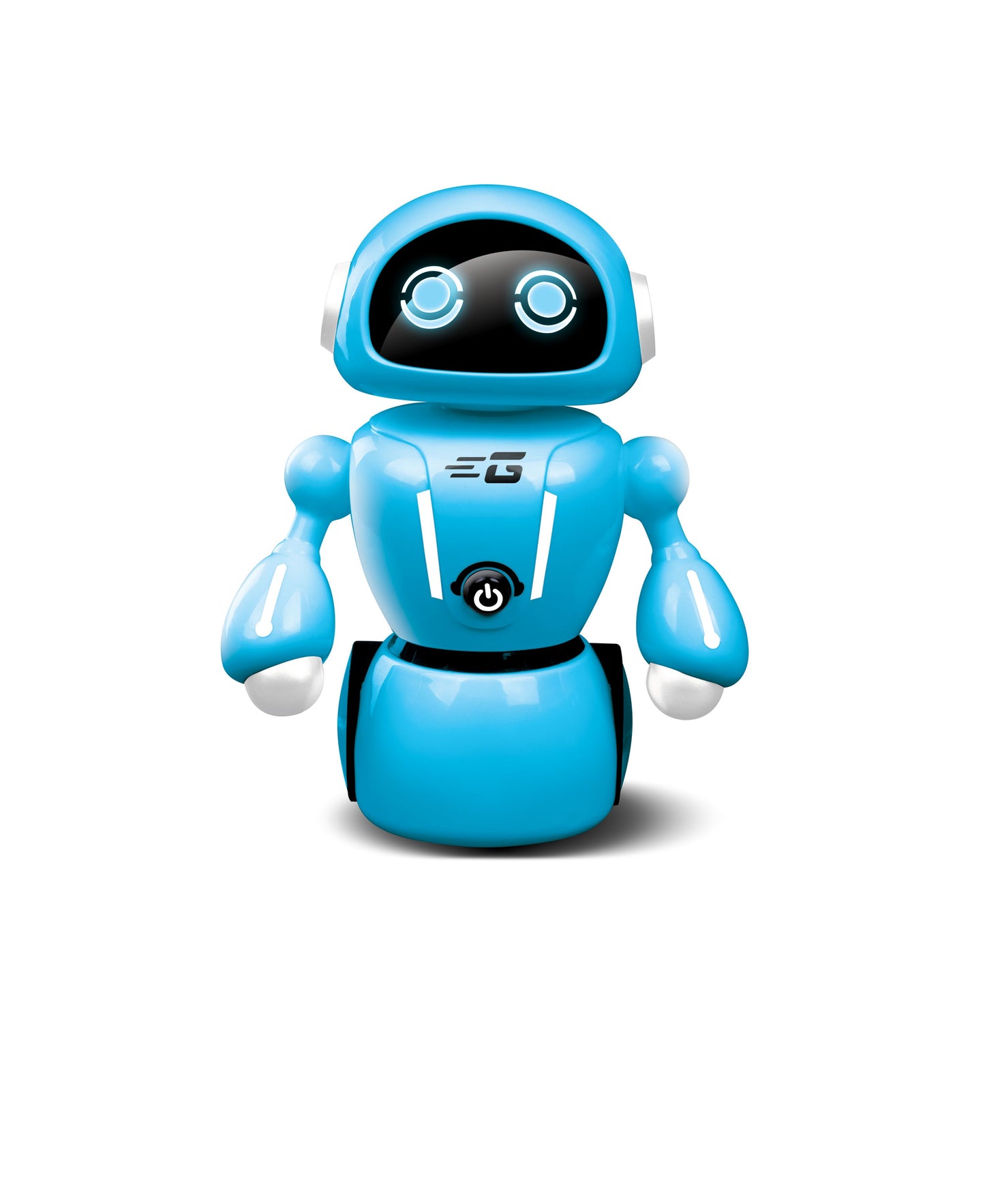 Blue and white interactive robot with rounded body, glowing blue circular eyes on black face screen, articulated arms with white hands, power button on chest, p