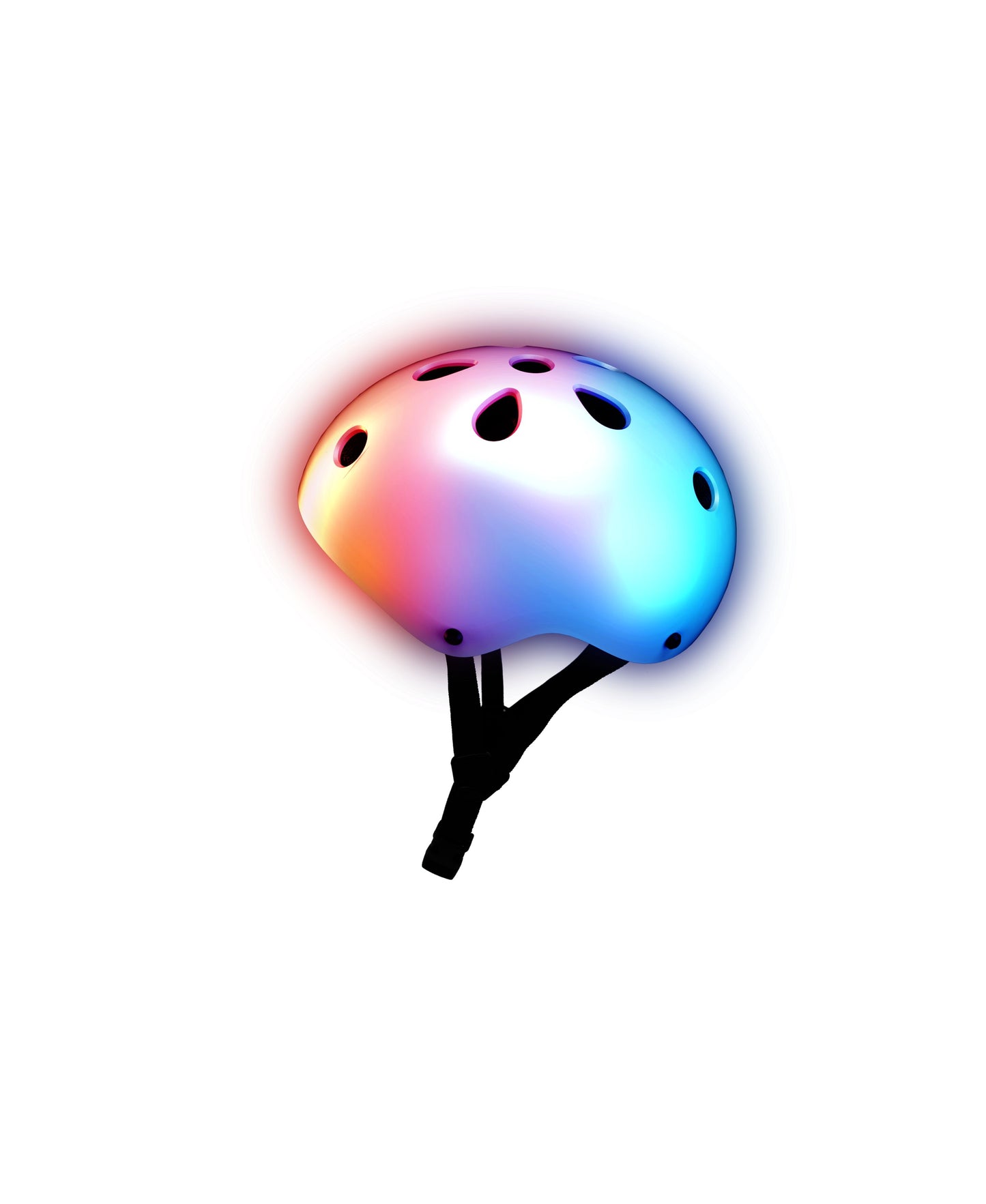 LED illuminated safety helmet with rainbow gradient coloring, ventilation holes, and black chin strap on plain background