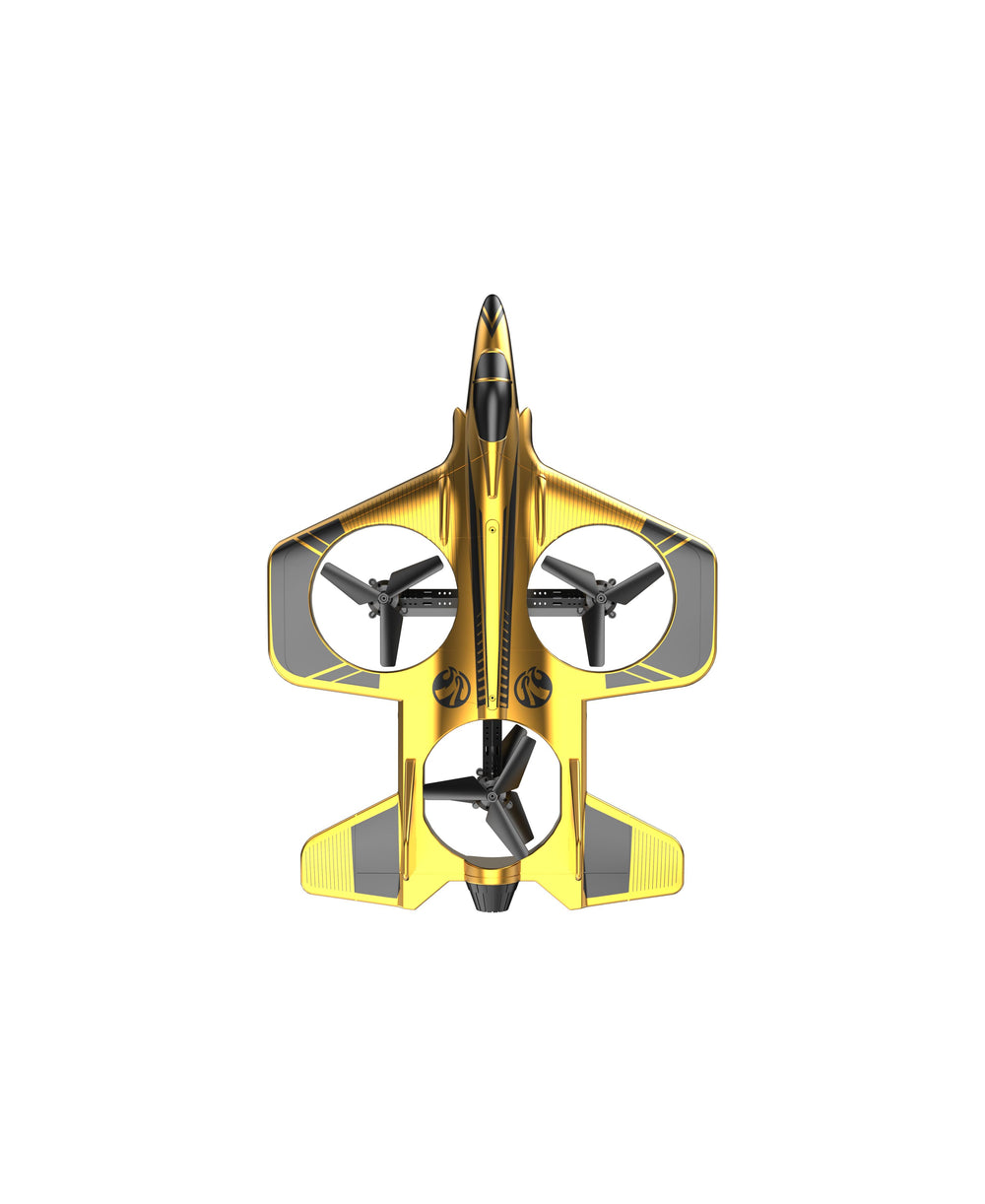 Yellow and black LED jet drone with three propellers shown from above on plain background