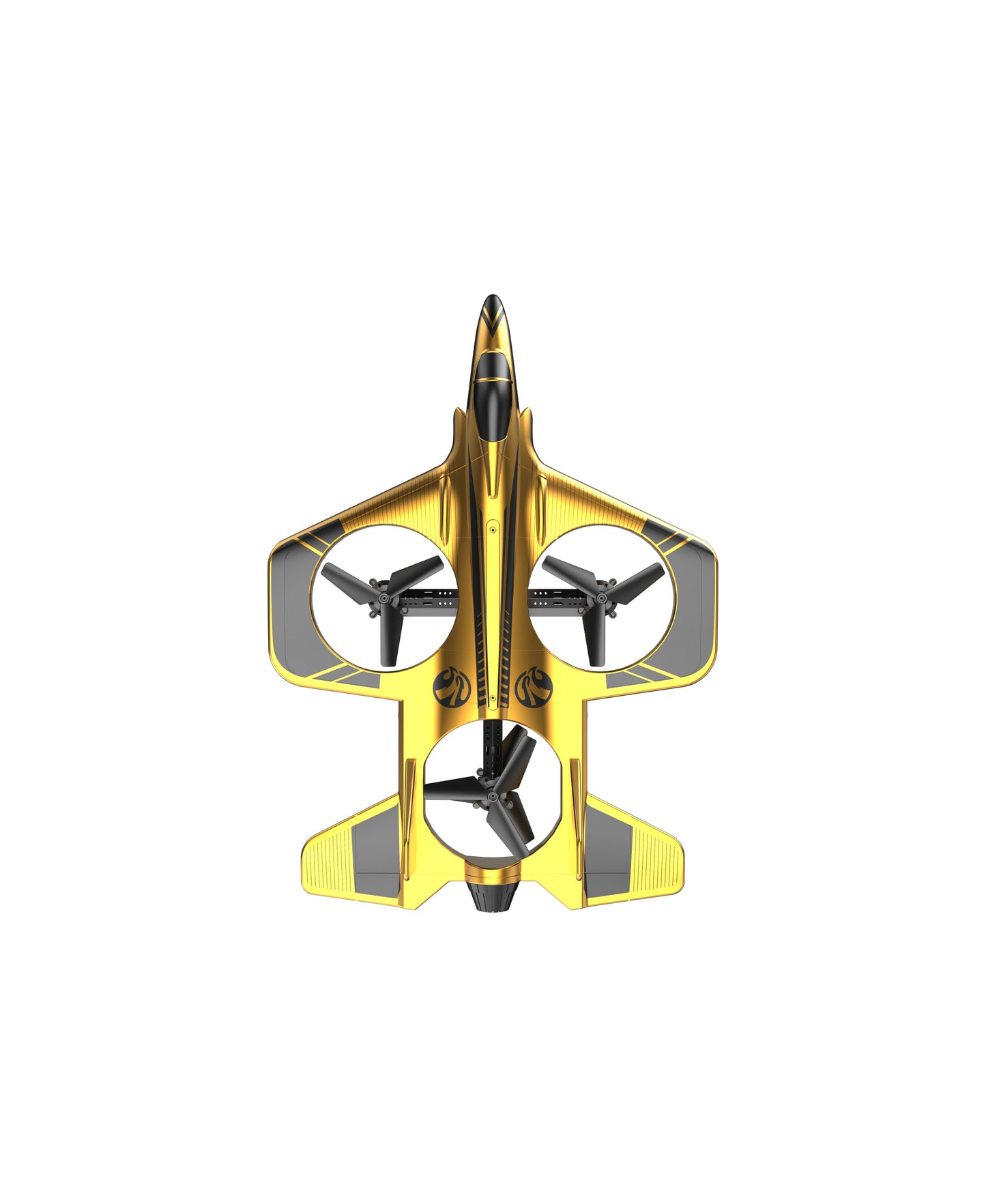Yellow and black LED jet drone with three propellers shown from above on plain background