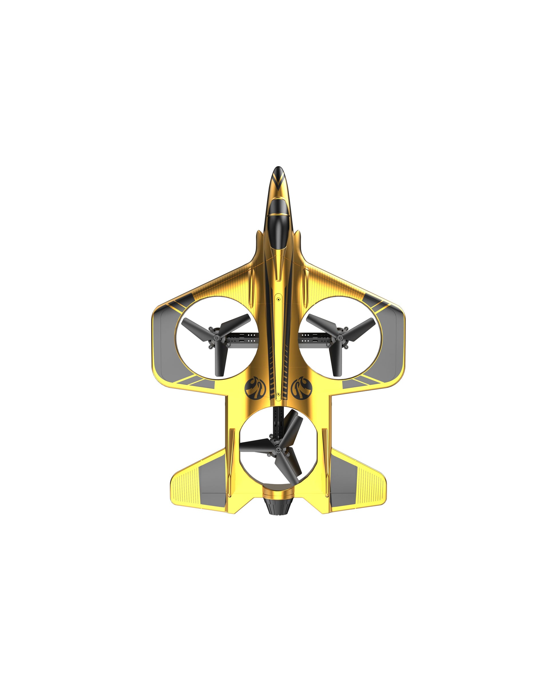 Yellow and black LED jet drone with three propellers shown from above on plain background