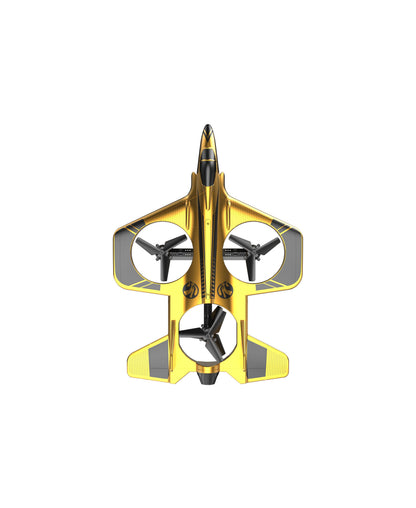 Yellow and black LED jet drone with three propellers shown from above on plain background