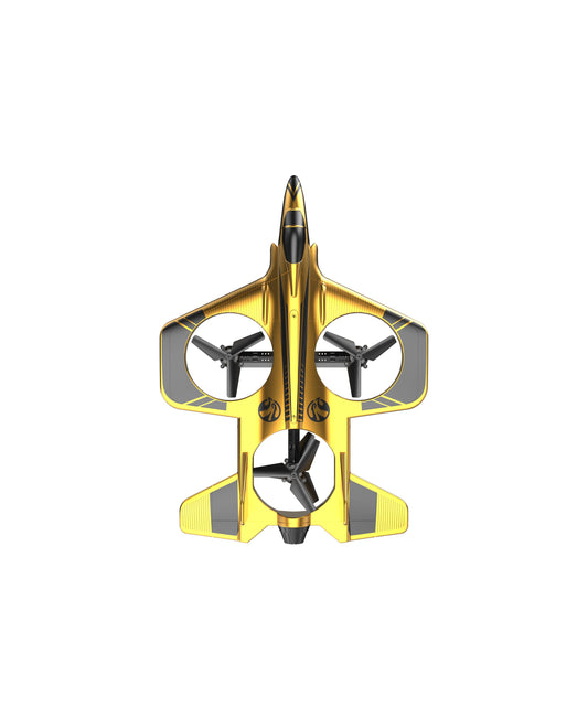 Yellow and black LED jet drone with three propellers shown from above on plain background