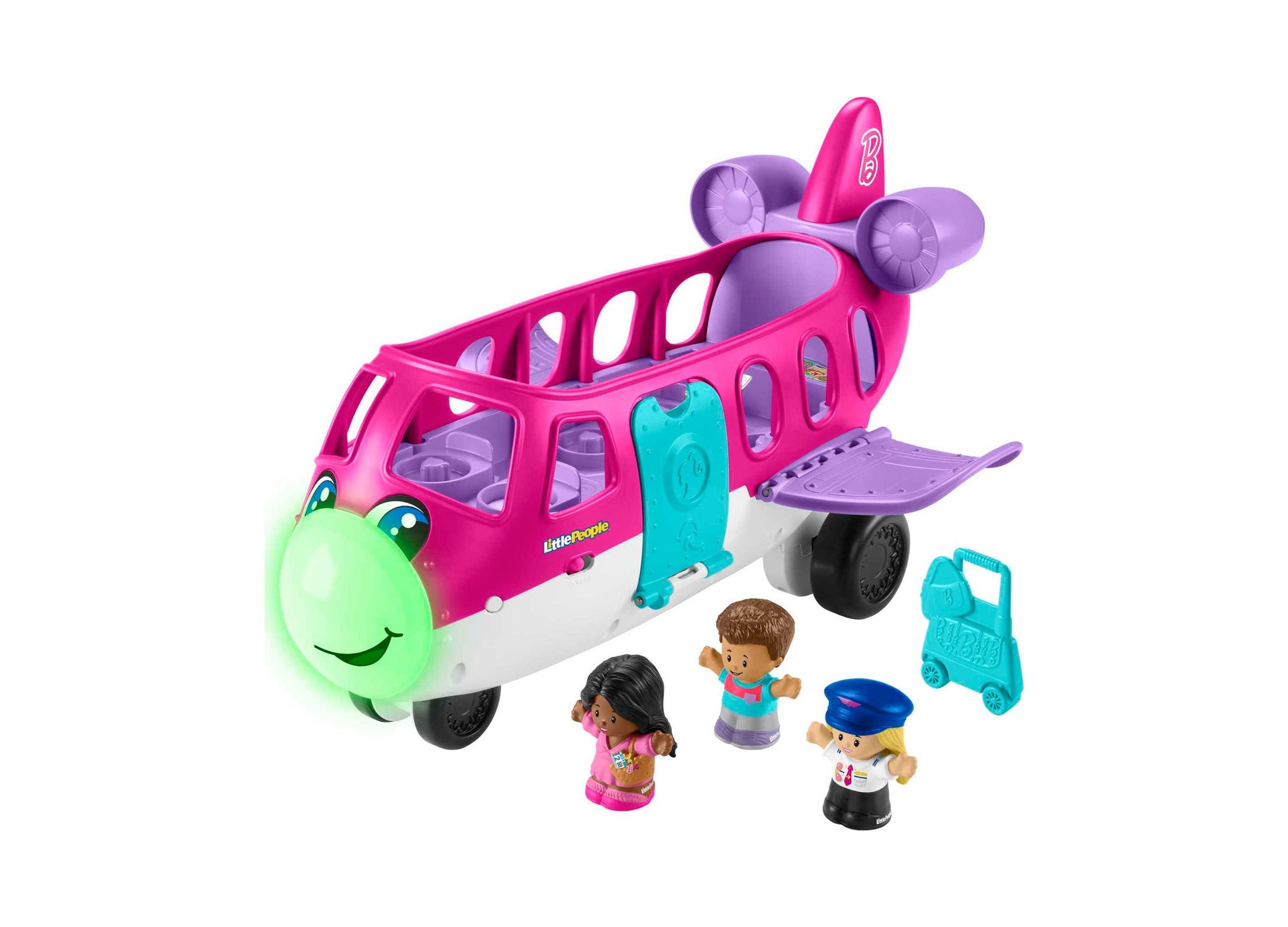 Fisher-Price Little People Barbie Little Dream Plane with pink airplane body, purple accents, green light-up propeller, and included small figures and accessori