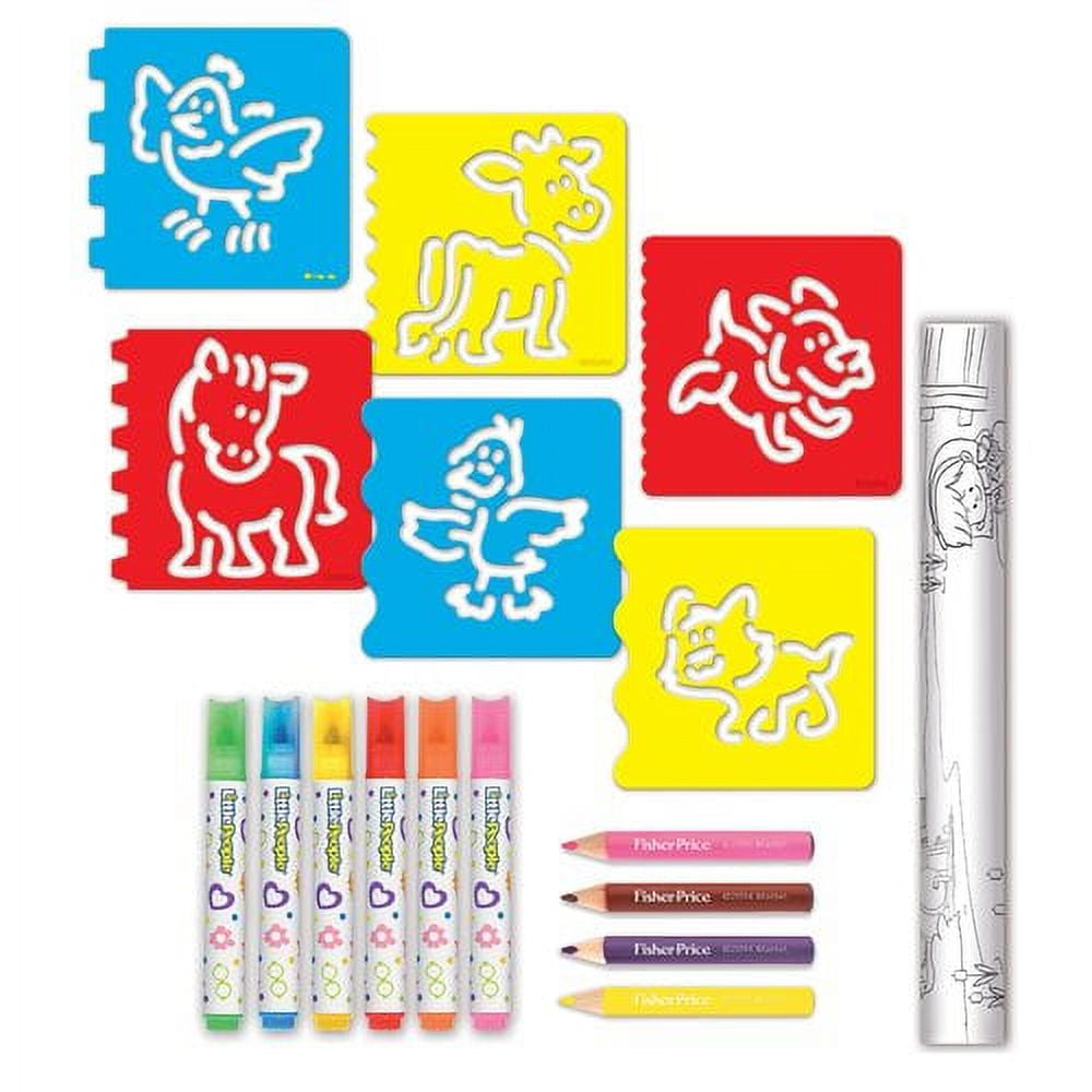 Little People Discovery Stencil Sets including six colorful stencil boards with animal designs, six washable markers in assorted colors, and a roll-up sketch pa