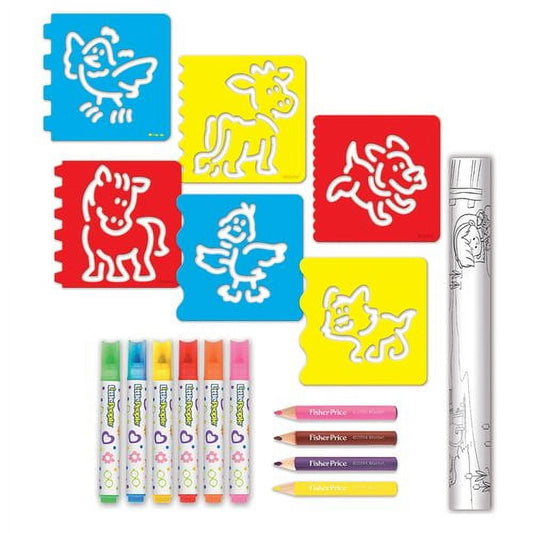 Little People Discovery Stencil Sets including six colorful stencil boards with animal designs, six washable markers in assorted colors, and a roll-up sketch pa