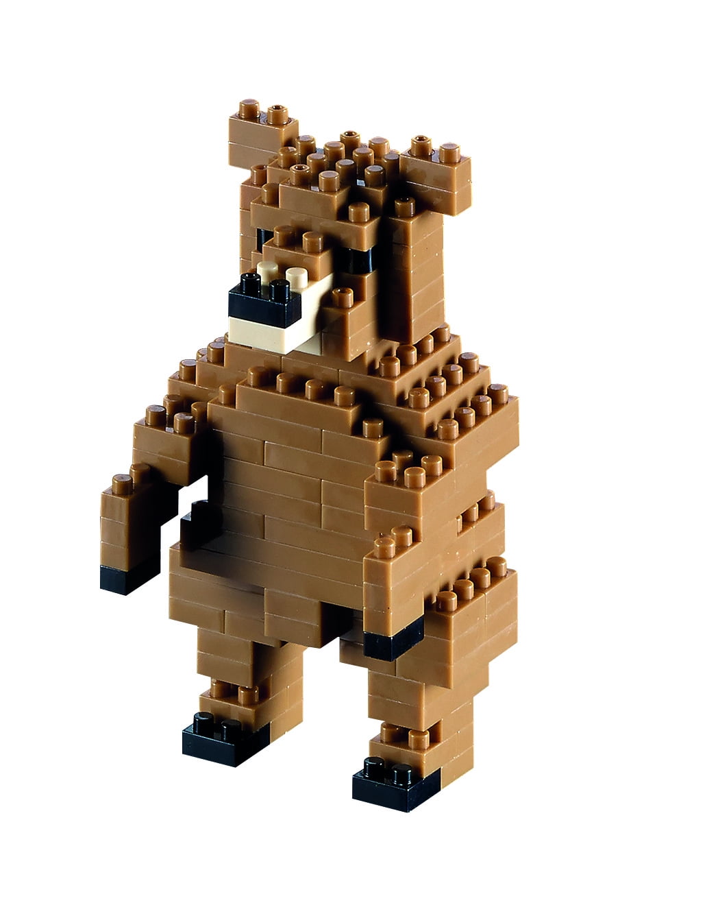 Brown construction block bear figure with black feet and white facial features, built from interlocking bricks