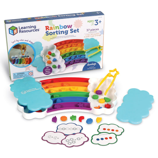 Learning Resources Rainbow Sorting Set with rainbow-colored trays, cloud-shaped sorting cards, colorful counters, and yellow tongs for ages 3+