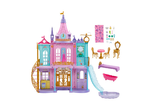 Disney Princess Magical Adventures Castle playset with pink and purple towers, gold accents, slide, rotating features, and accessories including furniture, a fi