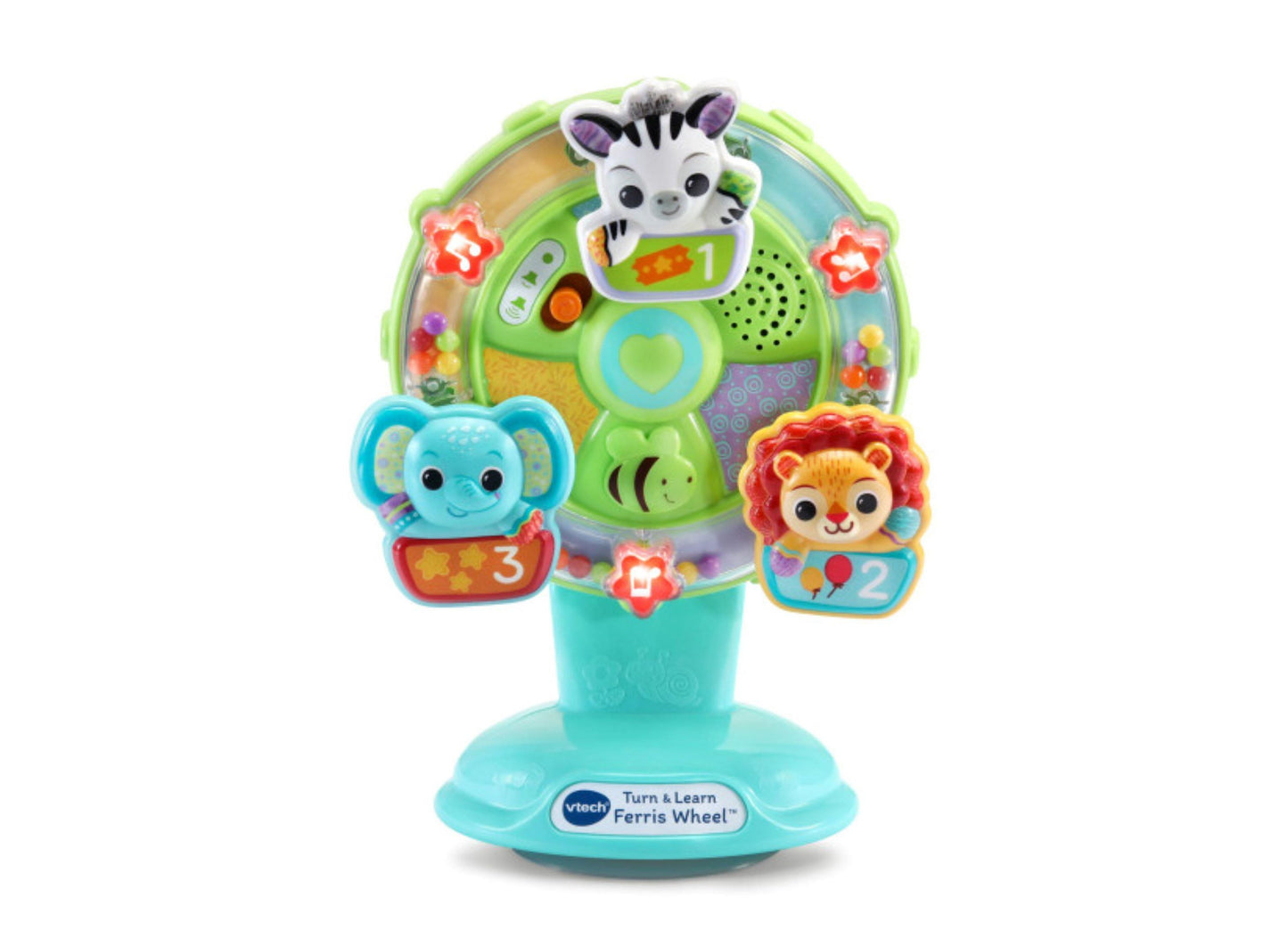 VTech Turn & Learn Ferris Wheel toy with turquoise base, green wheel featuring animal characters including zebra, elephant, and lion, with interactive buttons a