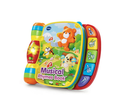VTech Musical Rhymes Book with colorful pages, orange bear and puppy characters, piano keys, and light-up star