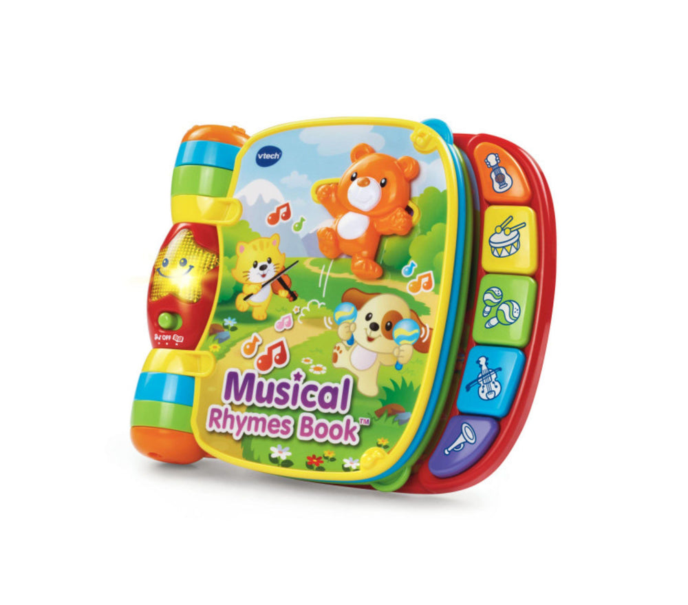 VTech Musical Rhymes Book interactive toy with colorful pages, orange bear character, and side buttons in red, yellow...