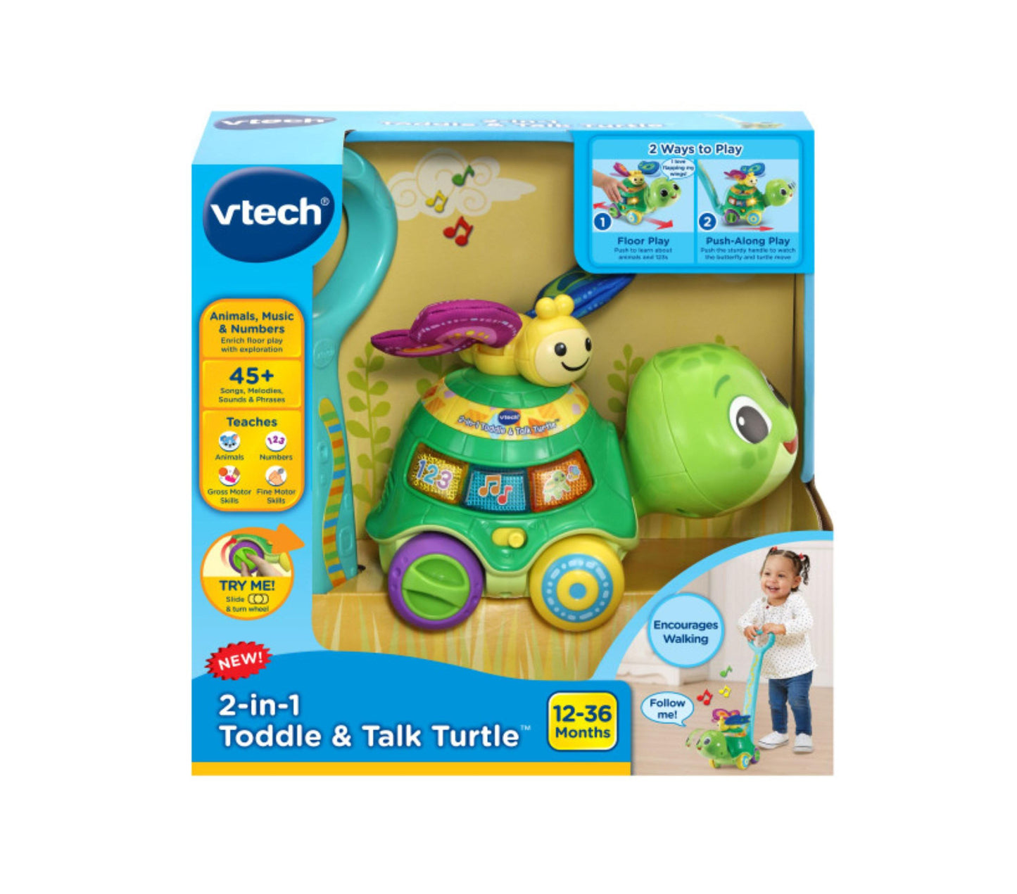 VTech 2-in-1 Toddle and Talk Turtle interactive learning toy with yellow turtle figure on green turtle shell base, purple wheels, and musical buttons for ages 1
