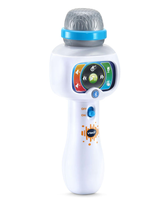 VTech Sing It Out Wireless Karaoke Microphone with blue band, gray speaker grille, colorful control buttons, and on/off switch