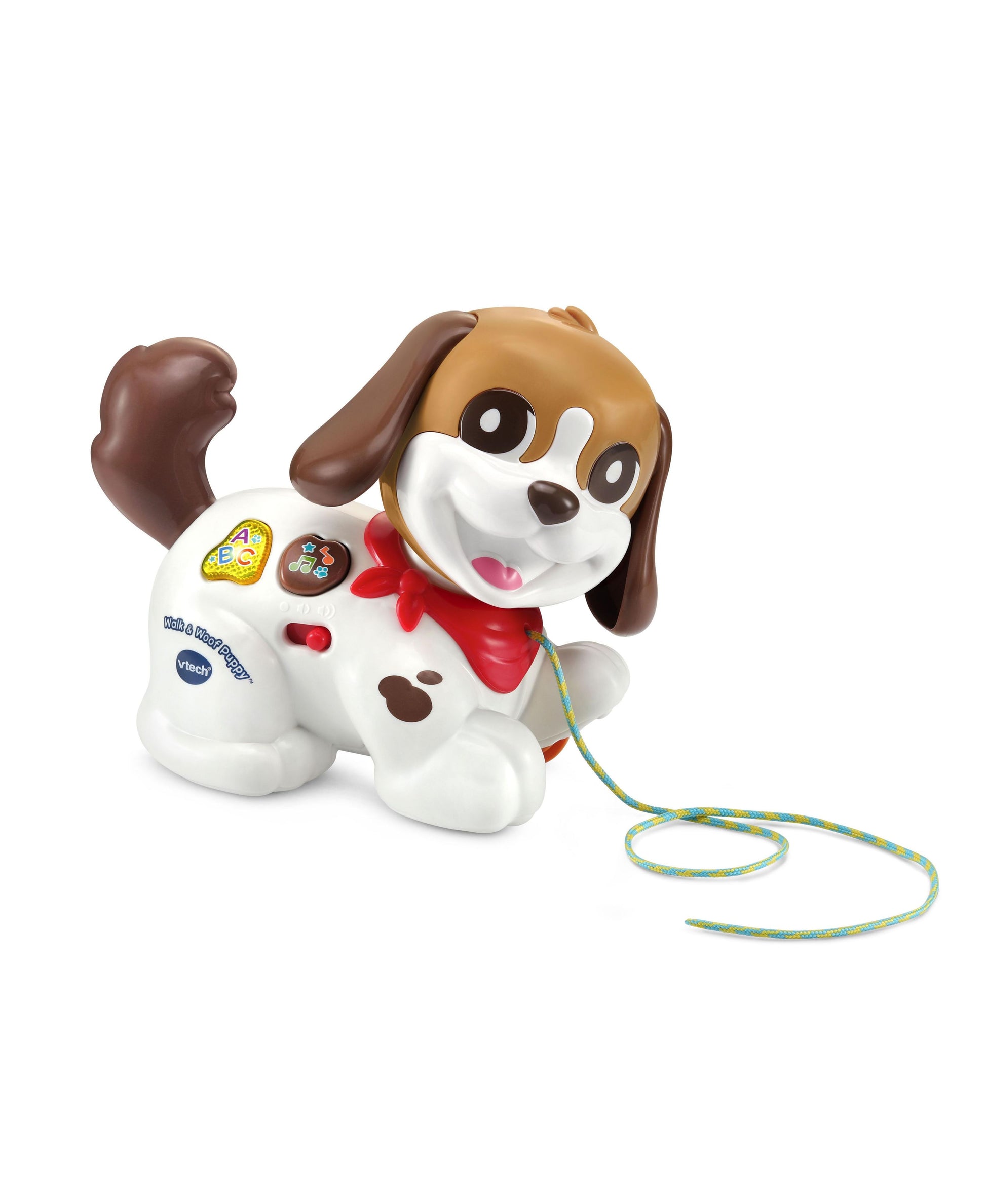White and brown plush puppy pull toy with red bow, floppy ears, interactive buttons on side, and rainbow-colored string leash