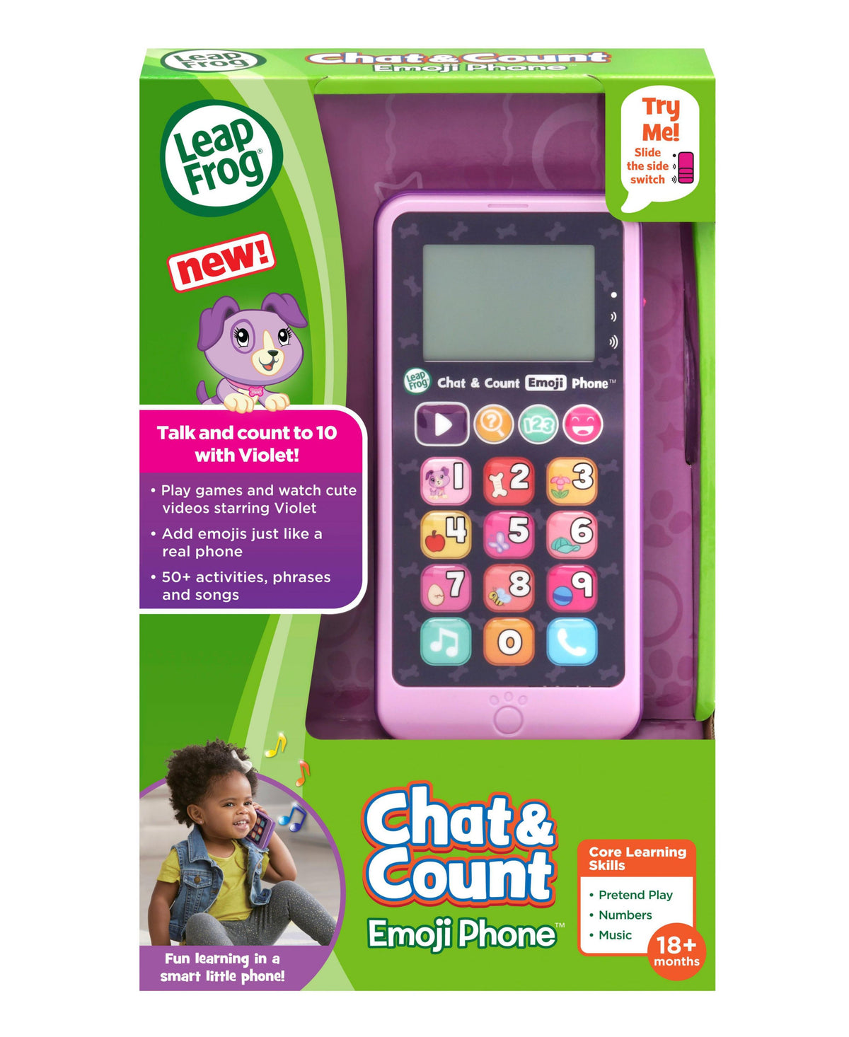 VTech Chat & Count Emoji Phone in violet pink with numbered emoji buttons and Violet character on packaging