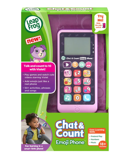 LeapFrog Chat & Count Emoji Phone in purple with pink trim, featuring numbered buttons and emoji icons, displayed in ...