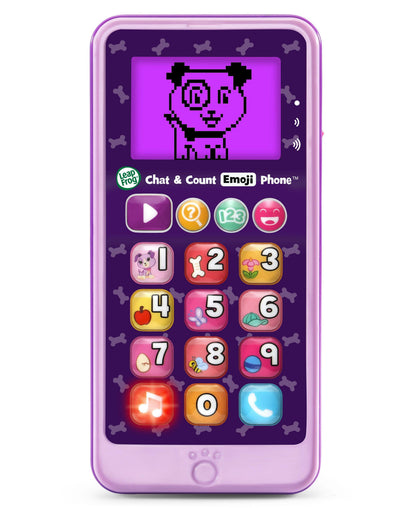 LeapFrog Chat & Count Emoji Phone purple toy with light-up numbered buttons 0-10 and emoji icons