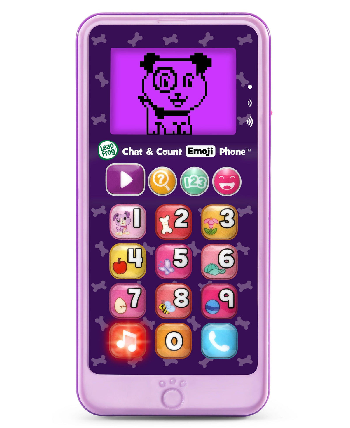 VTech Chat & Count Emoji Phone in violet with numbered buttons and emoji character display screen