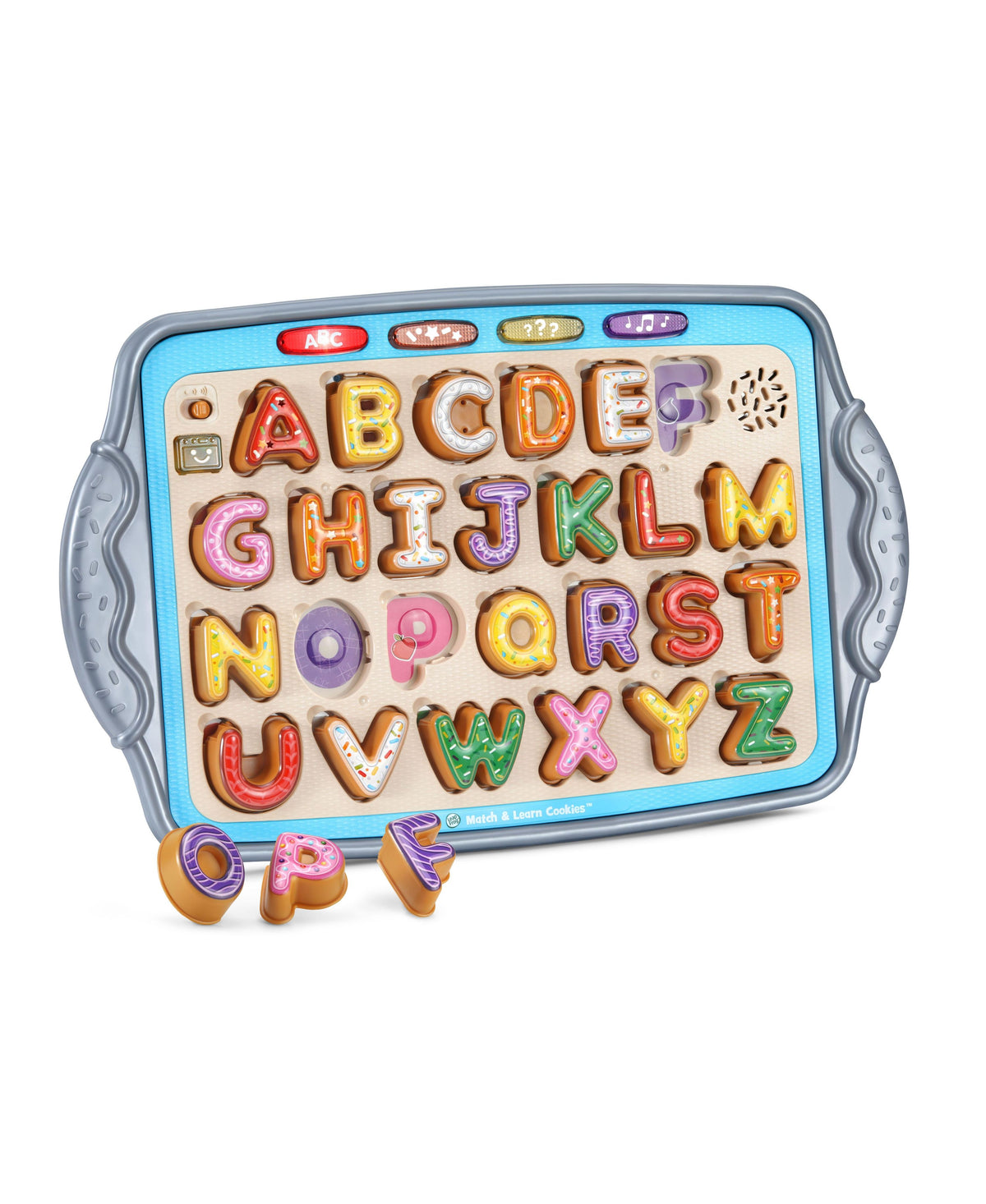 LeapFrog Match & Learn Cookies alphabet toy with 26 colorful letter-shaped cookies on blue tray