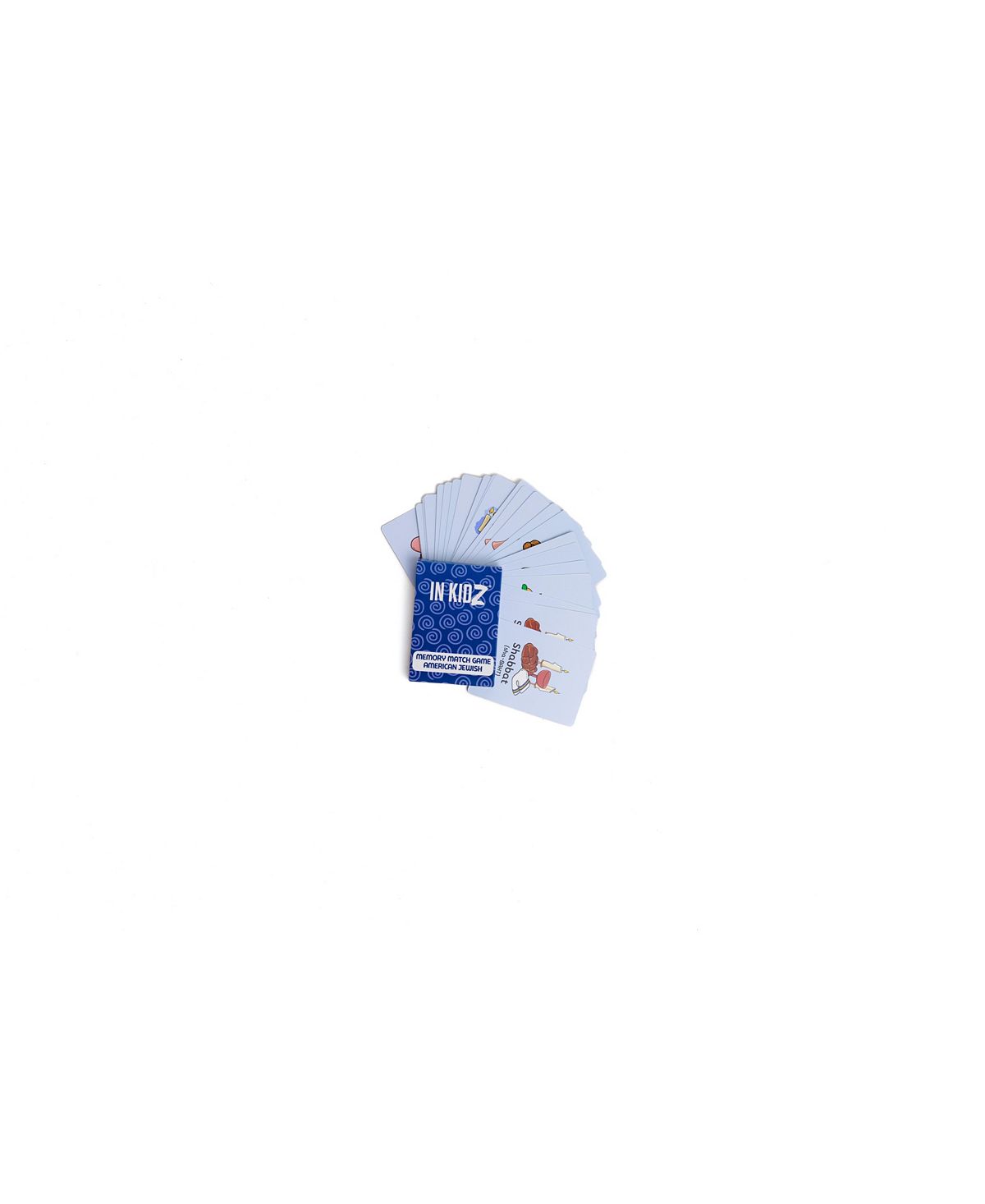 In KidZ Culturez American Jewish Exploration Kit card game fanned out showing blue box and illustrated cards on plain background