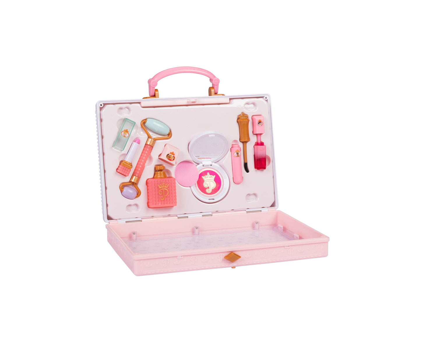 Pink cosmetics carrying case with pink handle, open to show pretend makeup accessories including mirrors, lipstick, nail polish, perfume bottle, and beauty tool