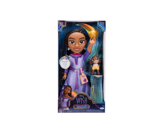 Disney Wish Singing Asha doll with Valentino Star in purple dress, holding golden star staff, includes small companion figure and accessories, in branded packag