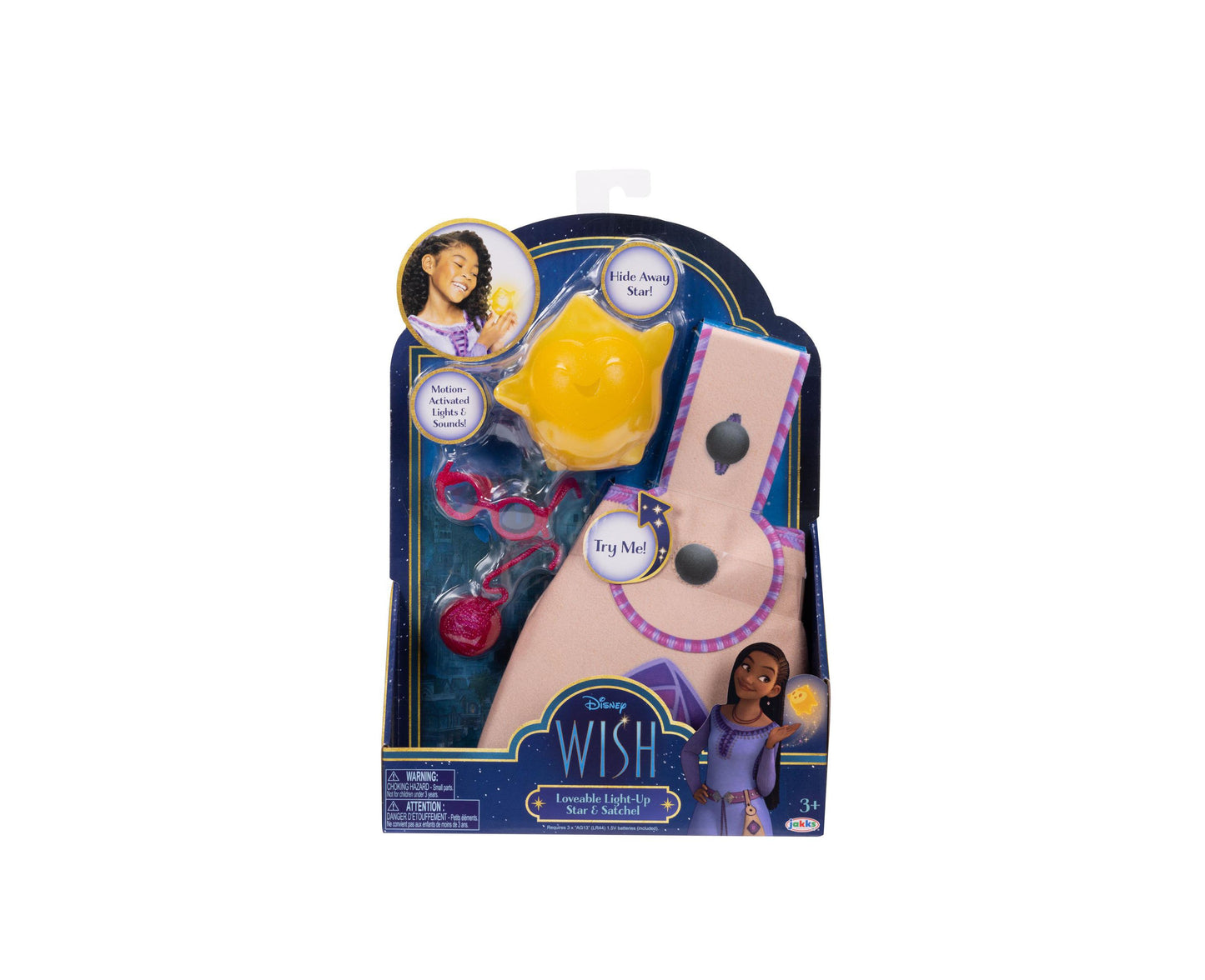 Disney Wish Loveable Light-Up Star Satchel with yellow star-shaped bag, pink crossbody purse, red star-shaped accessories, and interactive features on navy pack